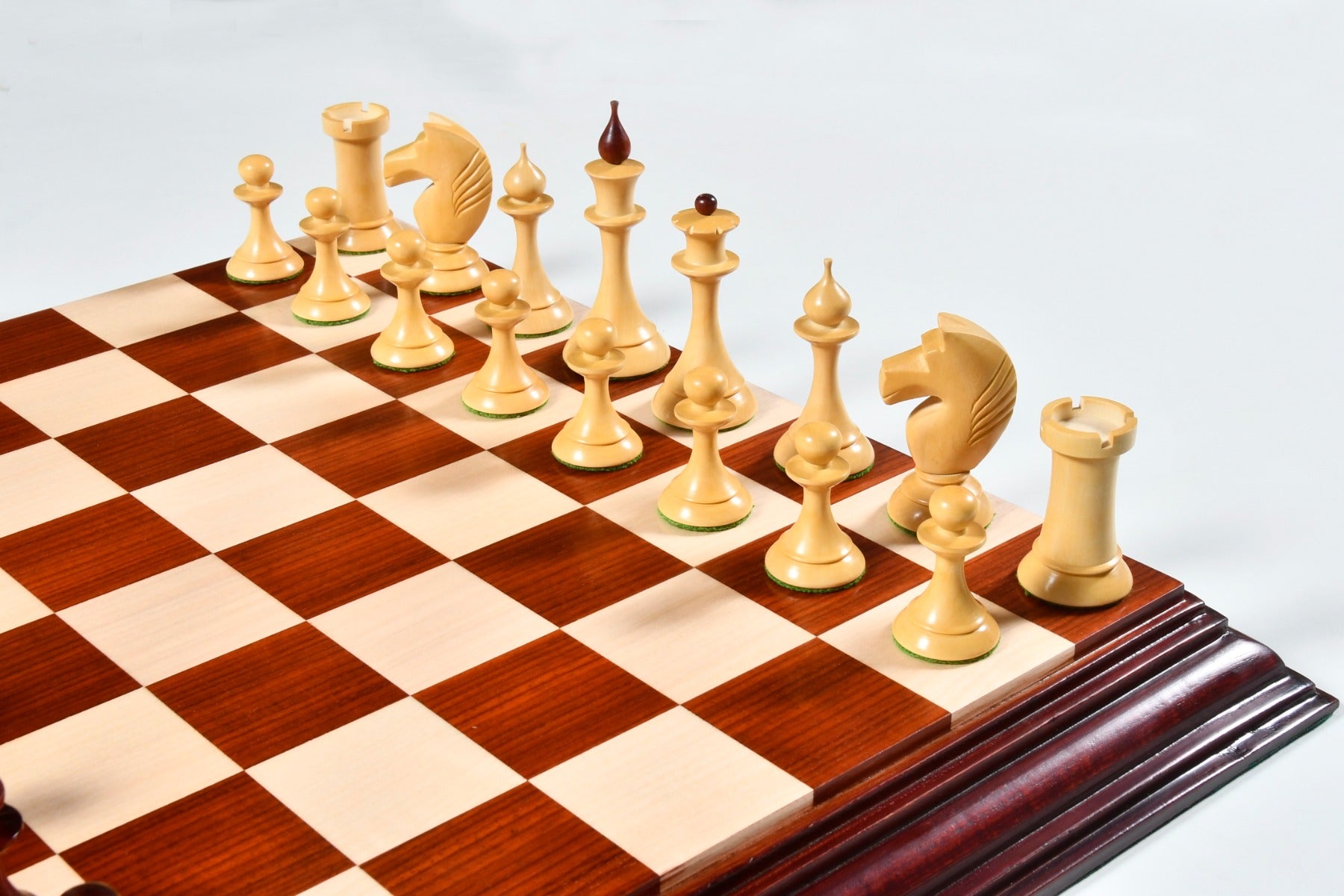 Hand carved knight detail on the 1950s Soviet Latvian Bud Rosewood chess pieces