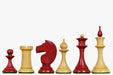 1950s Soviet Latvian chess pieces in stained crimson and natural boxwood, 106mm king