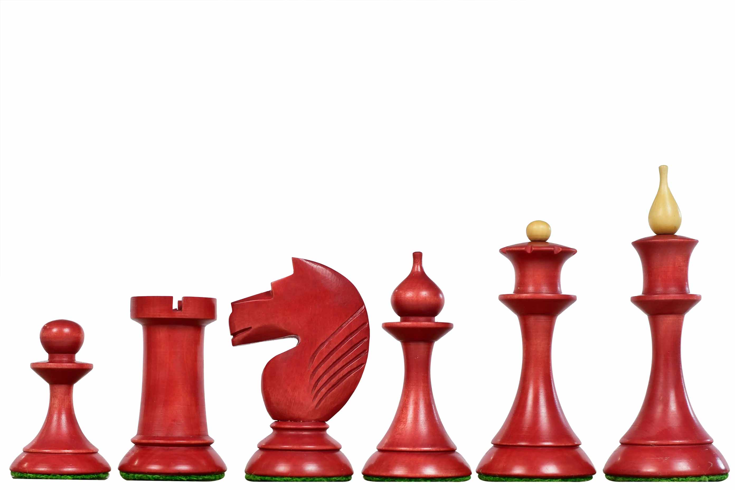 Stained crimson 1950s Soviet Latvian chess pieces, hand carved in India