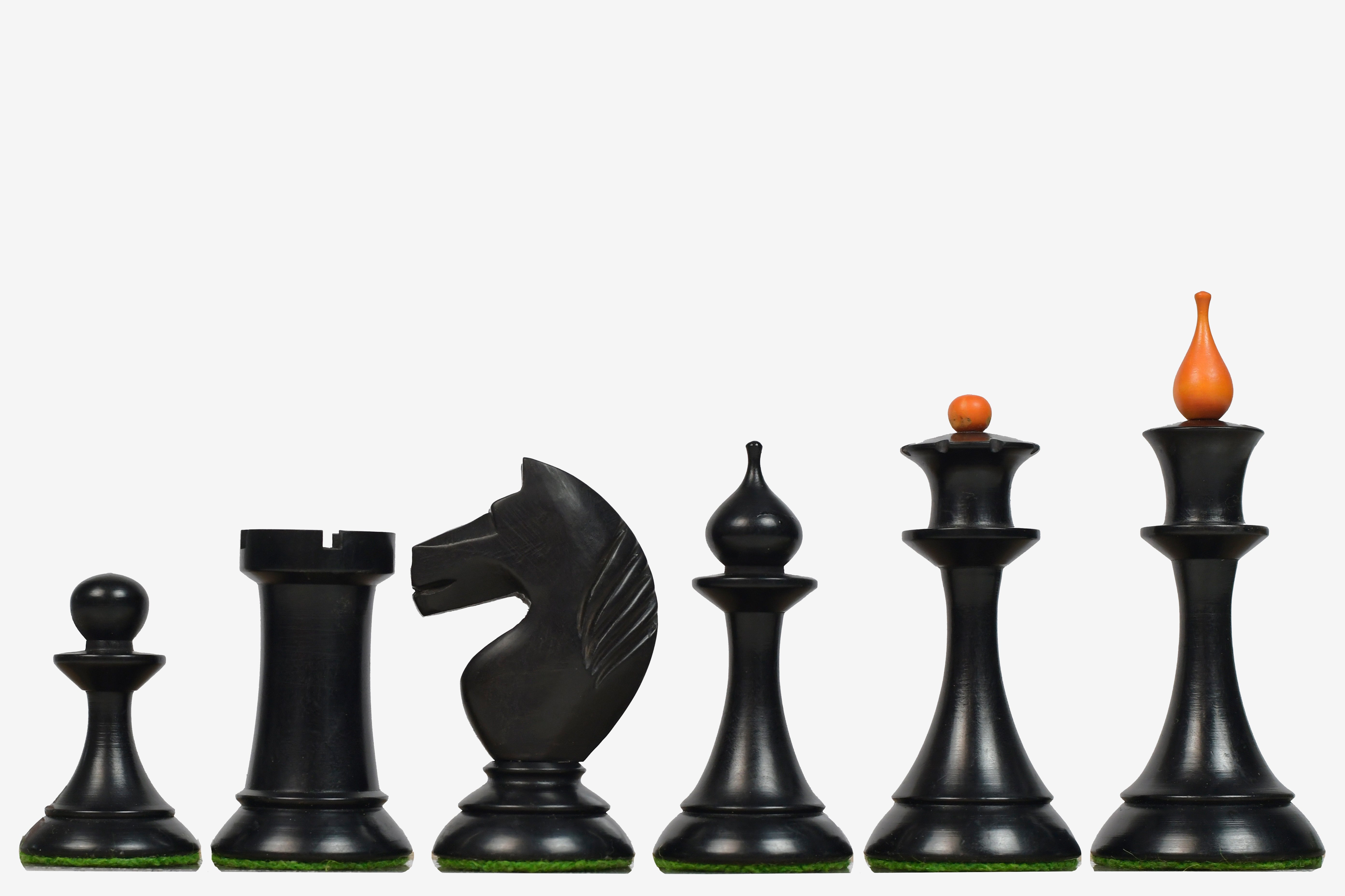 Ebonised & Antiqued Staunton chess pieces with a 106mm king, hand carved in India