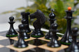 Hand carved knight detail on the 1950s Soviet Latvian Ebonised & Antiqued chess pieces