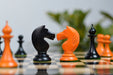 Ebonised & Antiqued wooden chess pieces, 106mm king, Sterling Chess Australia