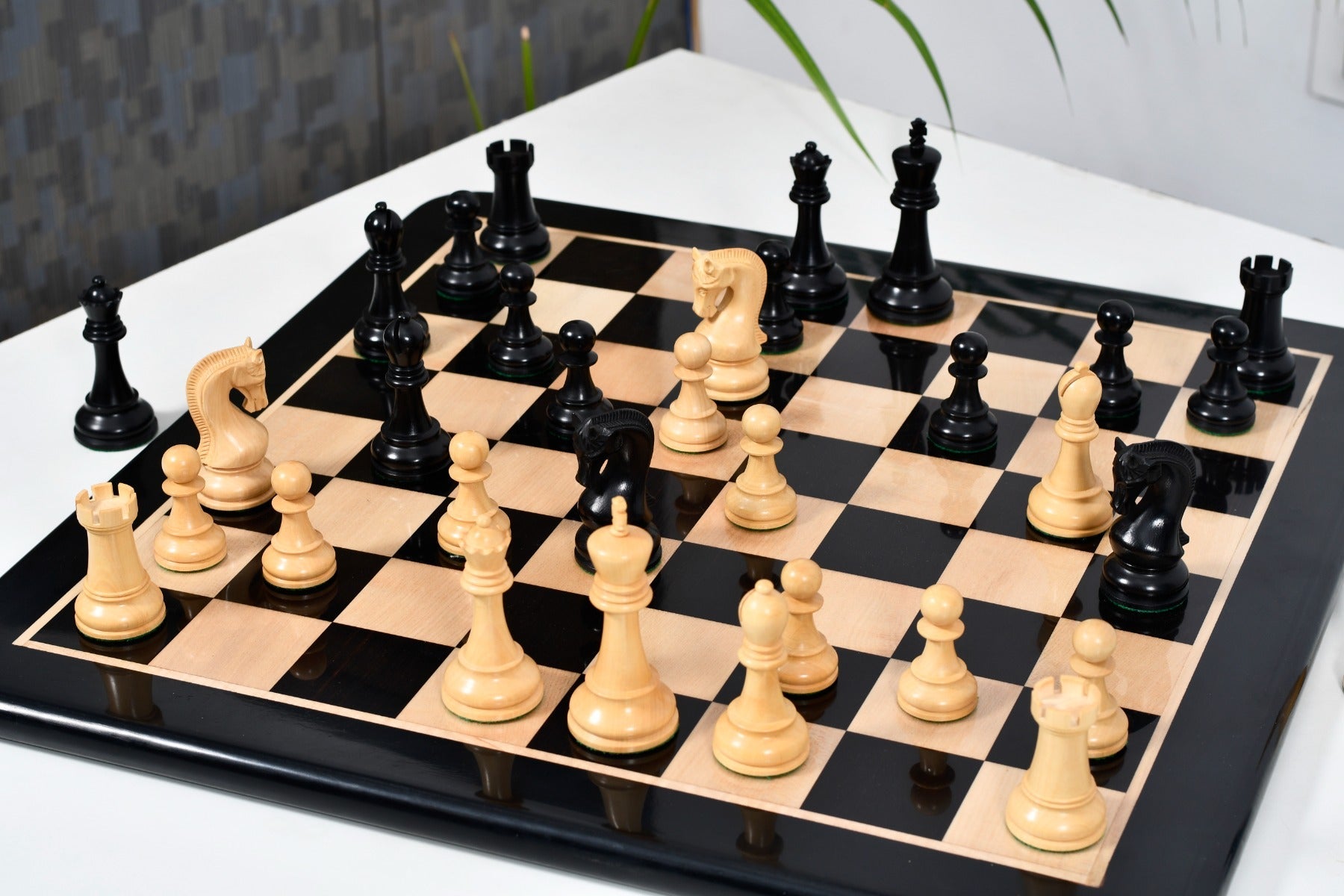 Knight carving detail on the Leningrad Club Sized chess pieces in ebonised wood and boxwood