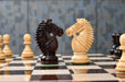Knight carving detail on the Bridle Knight Series chess pieces in rosewood and boxwood