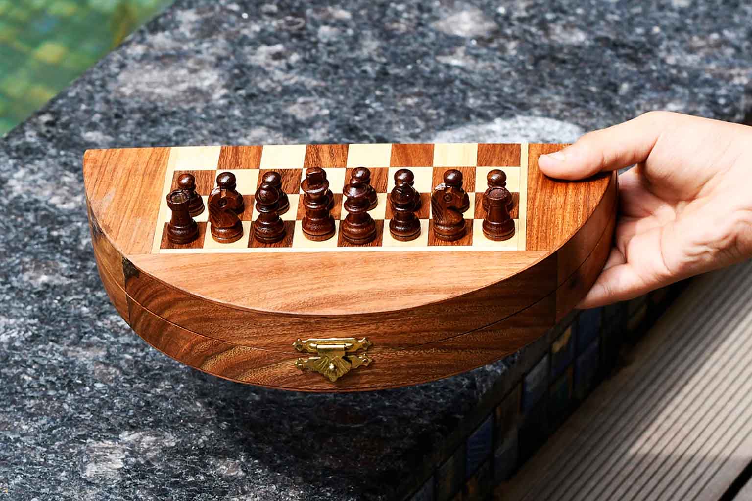 Folding round magnetic travel chess pieces in sheesham and maple