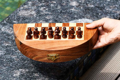 Folding round magnetic travel chess pieces in sheesham and maple