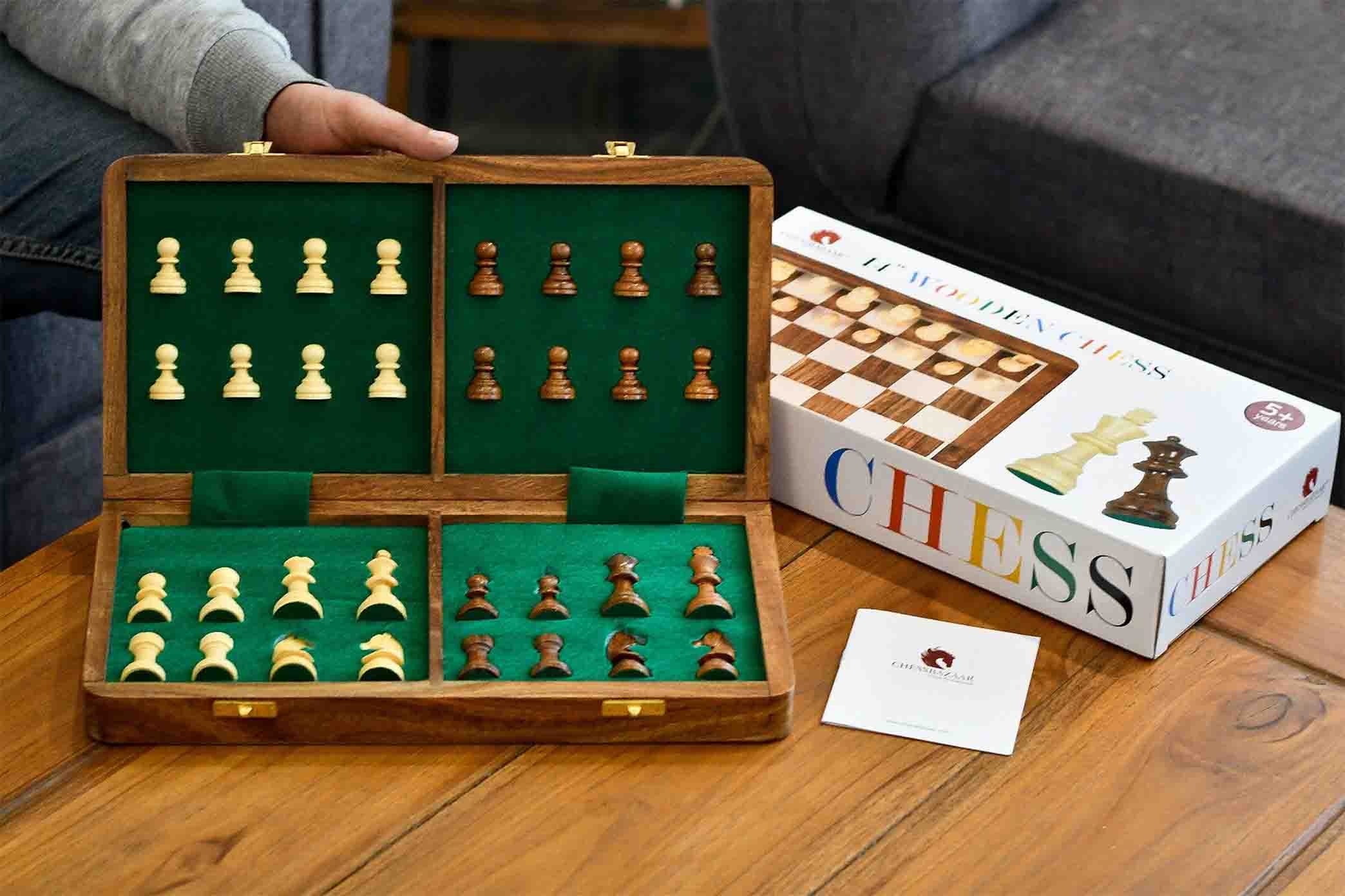 Magnetic folding travel chess set with a 70mm king in sheesham and maple