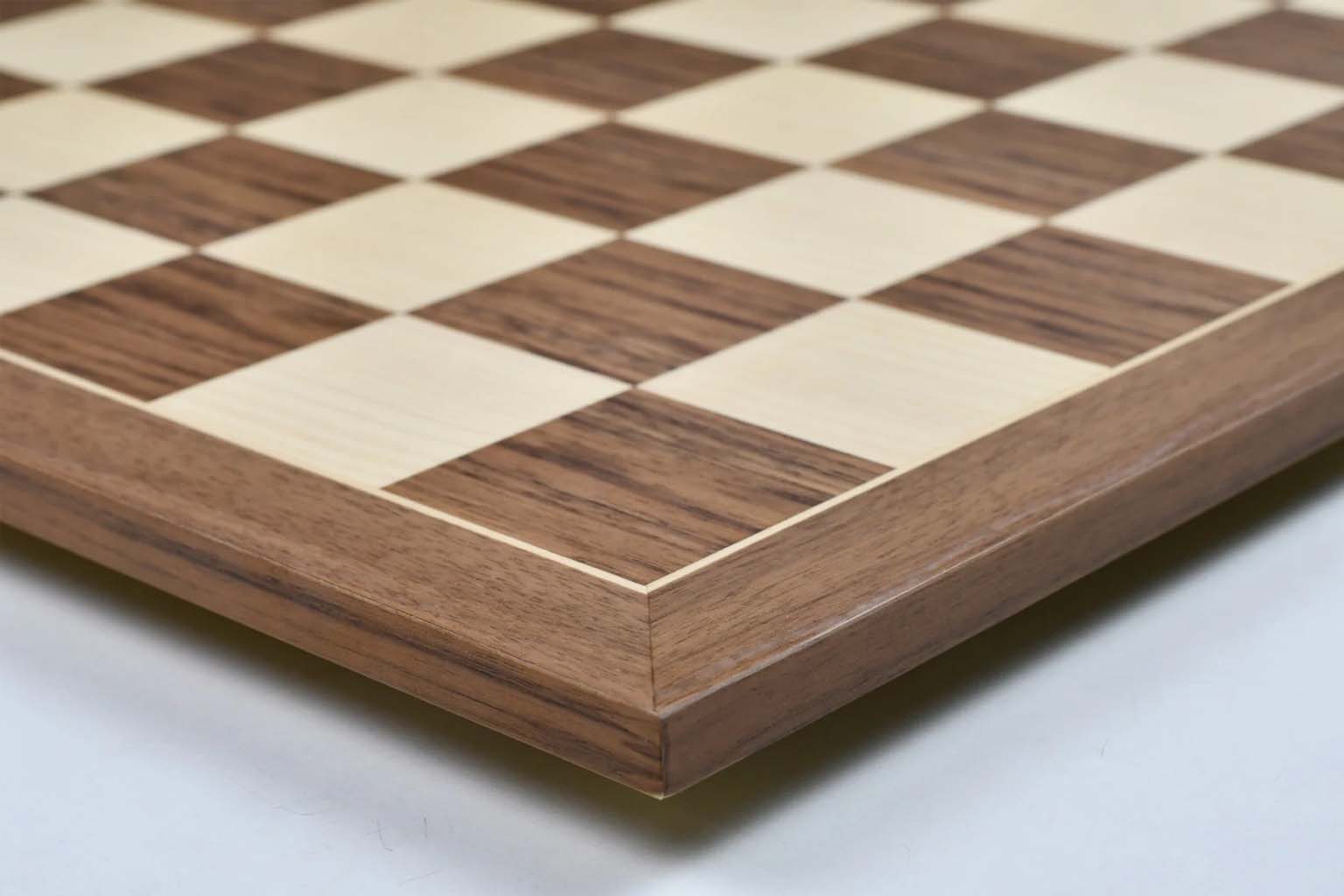 Matte walnut and maple chess board, edge view