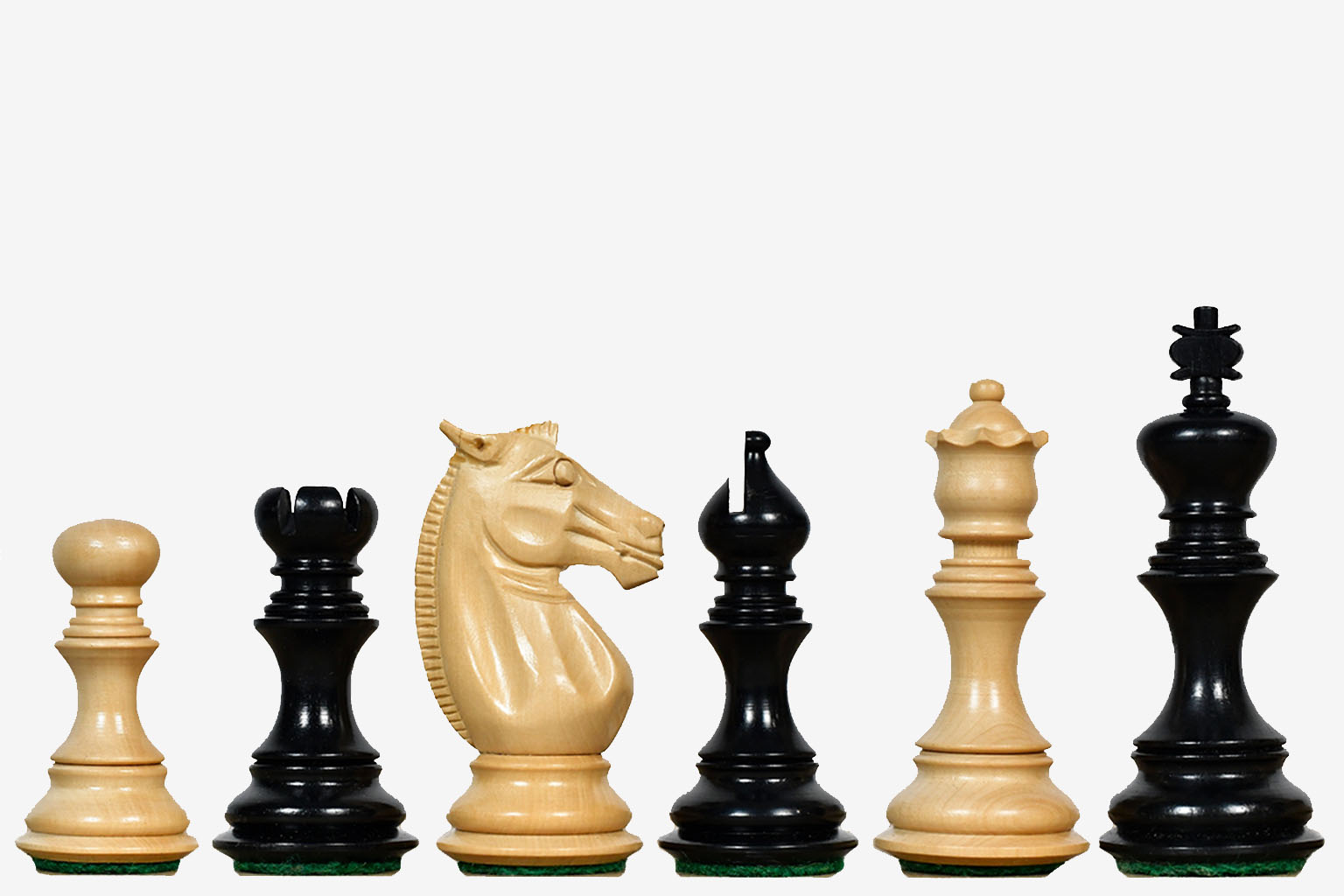 Sterling Chess Meghdoot Staunton chess pieces in ebony and boxwood, 80mm king