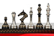 Shiny silver and black brass chess pieces, 3.7 inch king, with board