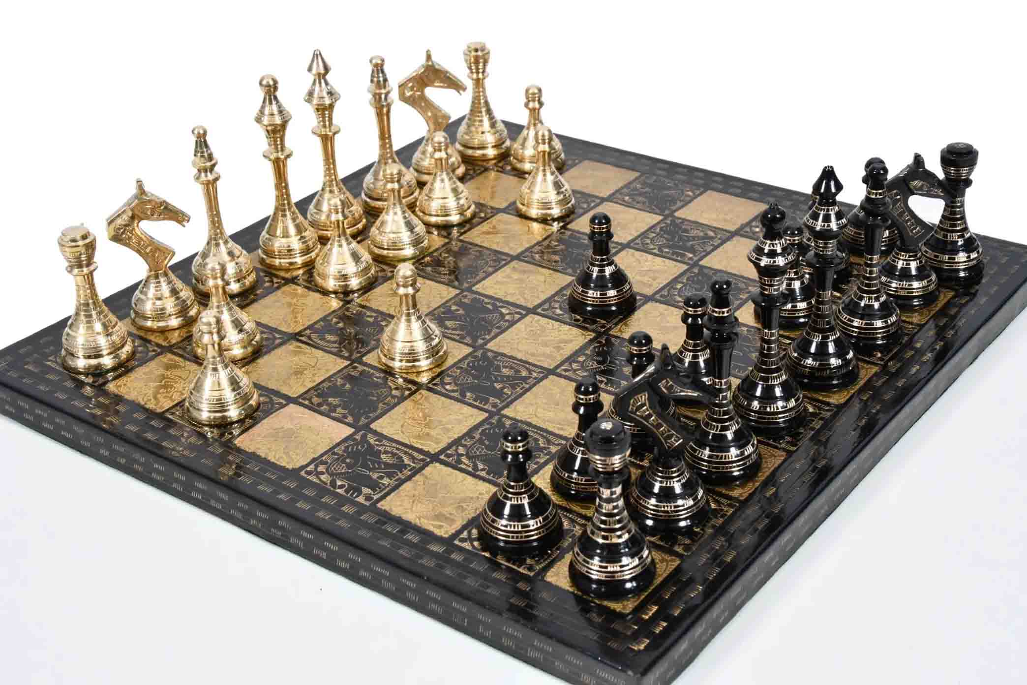 Shiny gold and black brass metal chess set, Australia