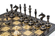 Shiny gold and black brass chess pieces, 3.7 inch king, with board