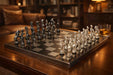 Brass chess set in shiny black and silver with a 35cm board