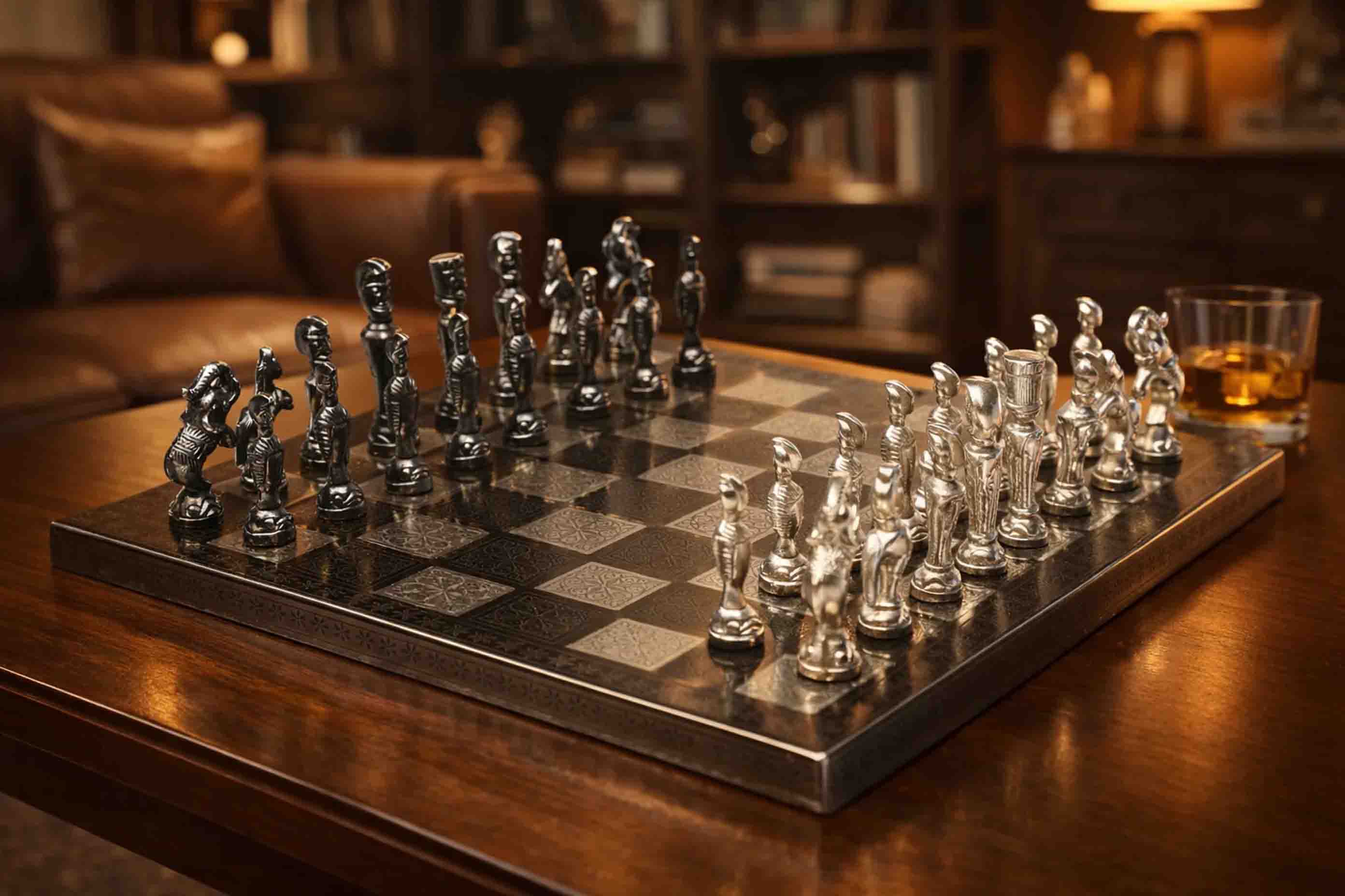 Brass chess set in shiny black and silver with a 35cm board