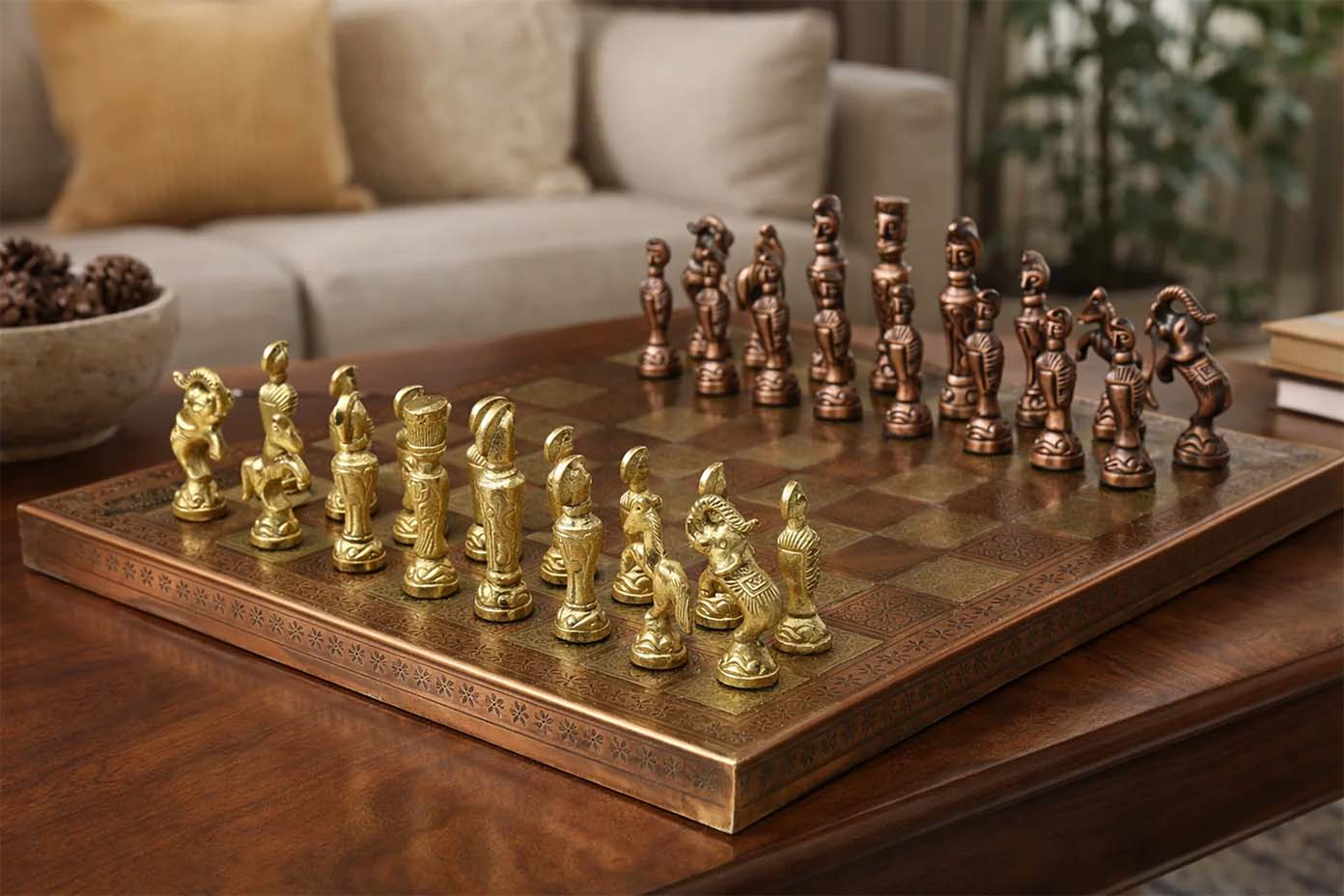 Brass chess set in antique brass and shiny gold with a 35cm board