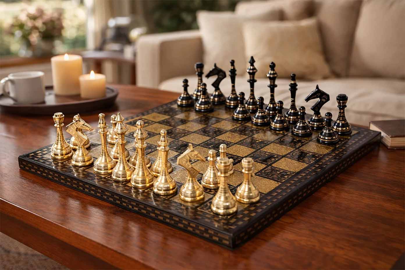 Brass Metal Luxury chess set in shiny gold and black with 94mm king