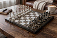 Brass Metal Luxury chess set in shiny silver and black with 94mm king