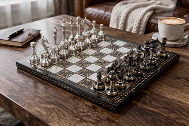 Brass Metal Luxury chess set in shiny silver and black with 94mm king