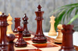 Bud rosewood chess pieces set up for play on the included 58cm bud rosewood and maple notation board
