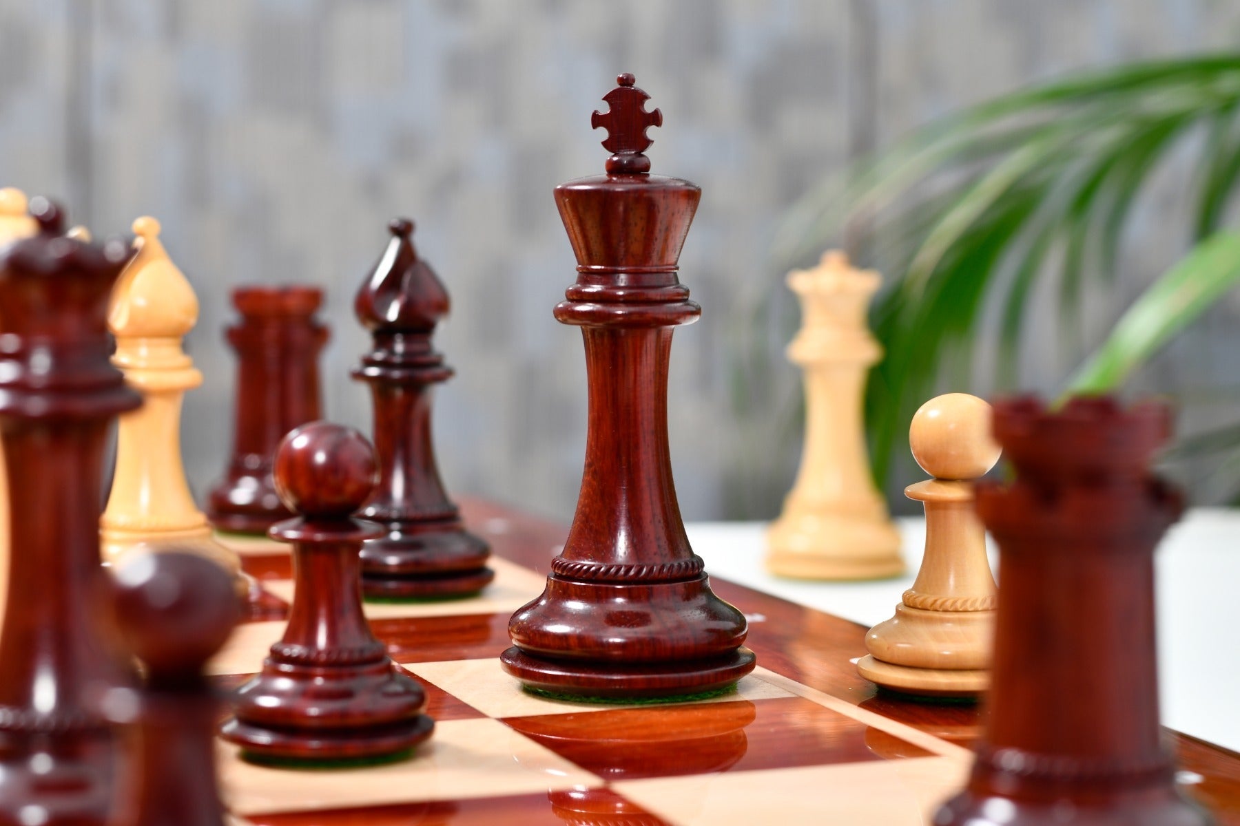 Bud rosewood chess pieces set up for play on the included 58cm bud rosewood and maple notation board