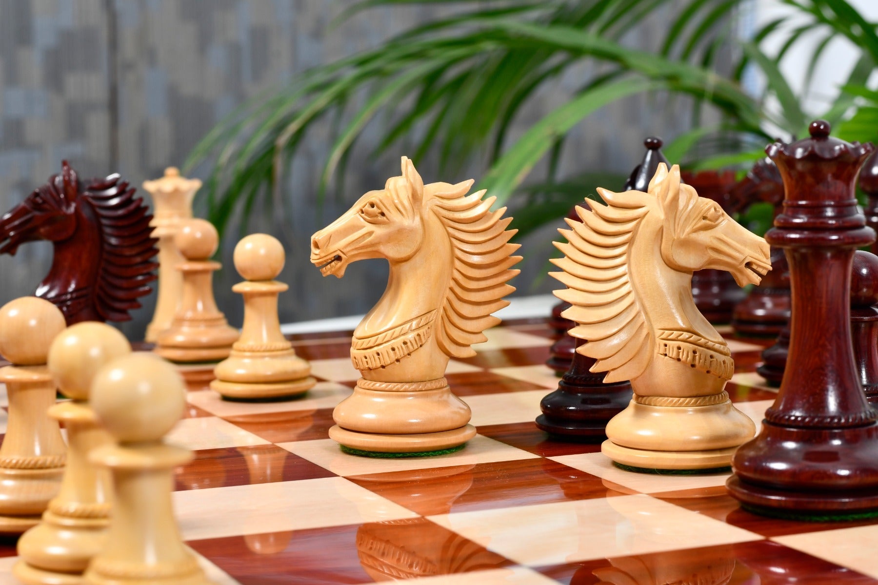 Knight carving detail on the CB Mustang Series chess set in bud rosewood and boxwood