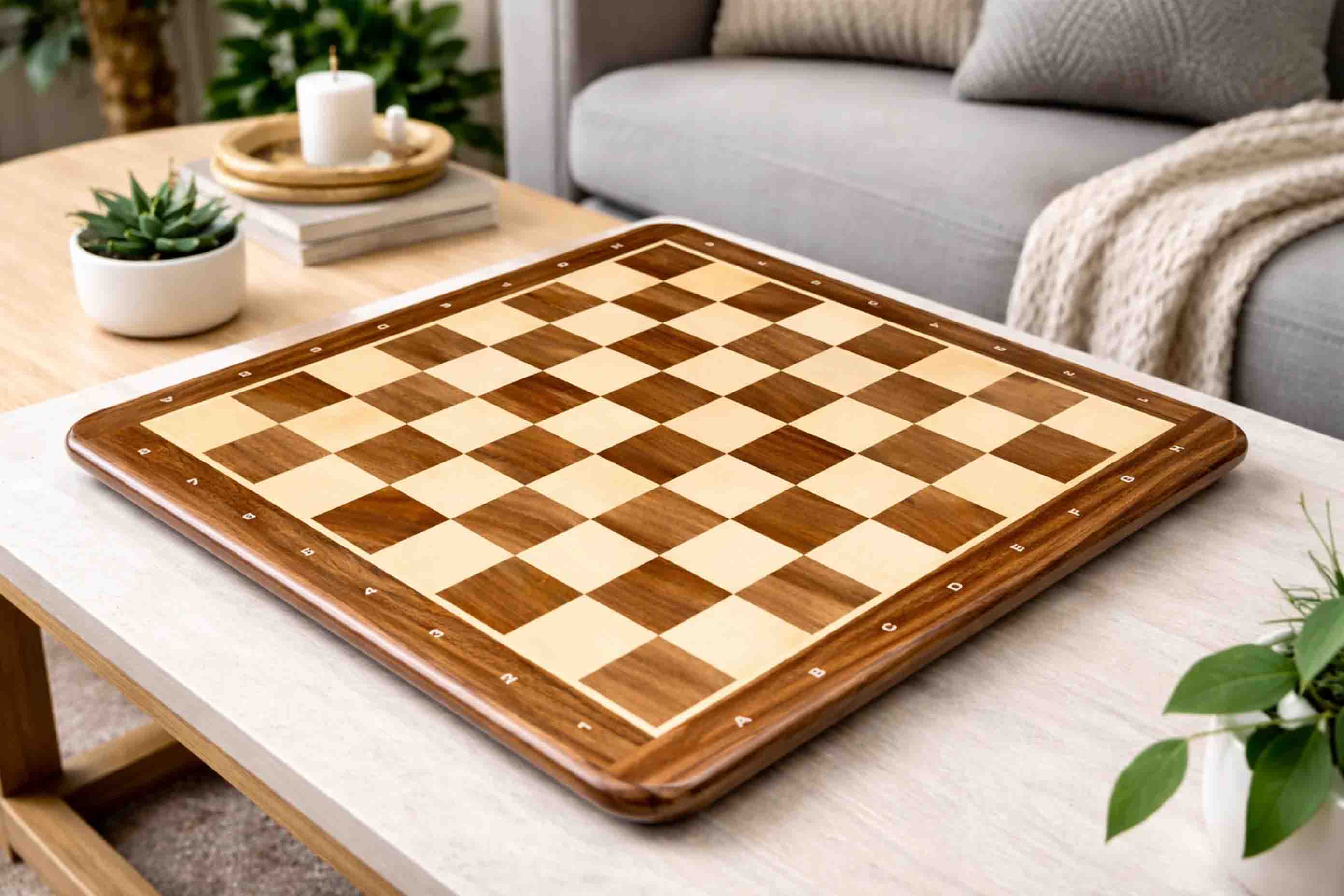 Sheesham and maple chess board with notation, 48cm with 50mm squares