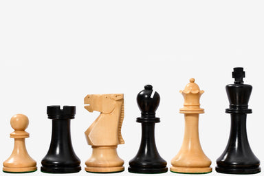 Sterling Chess Old Vintage English chess pieces in ebonised and natural boxwood, 98mm king