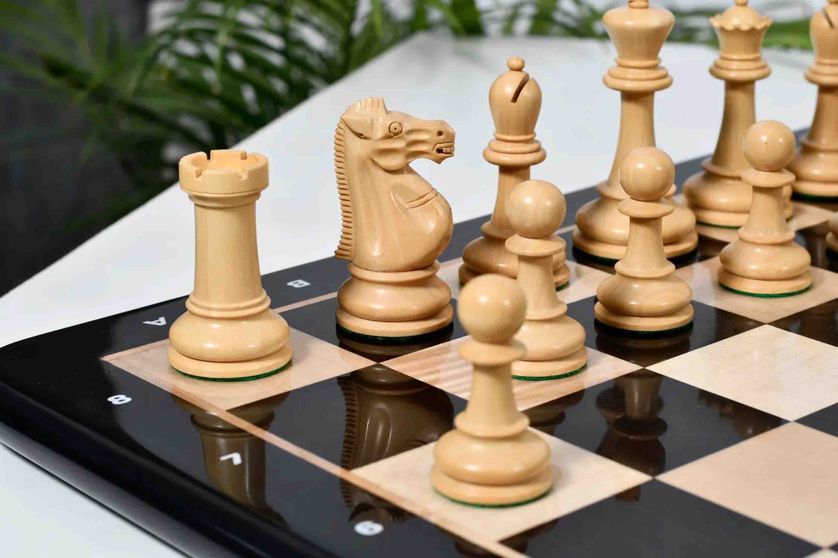 Full 34 piece 1966 17th Chess Olympiad chess set in ebonised and natural boxwood, Sterling Chess Australia