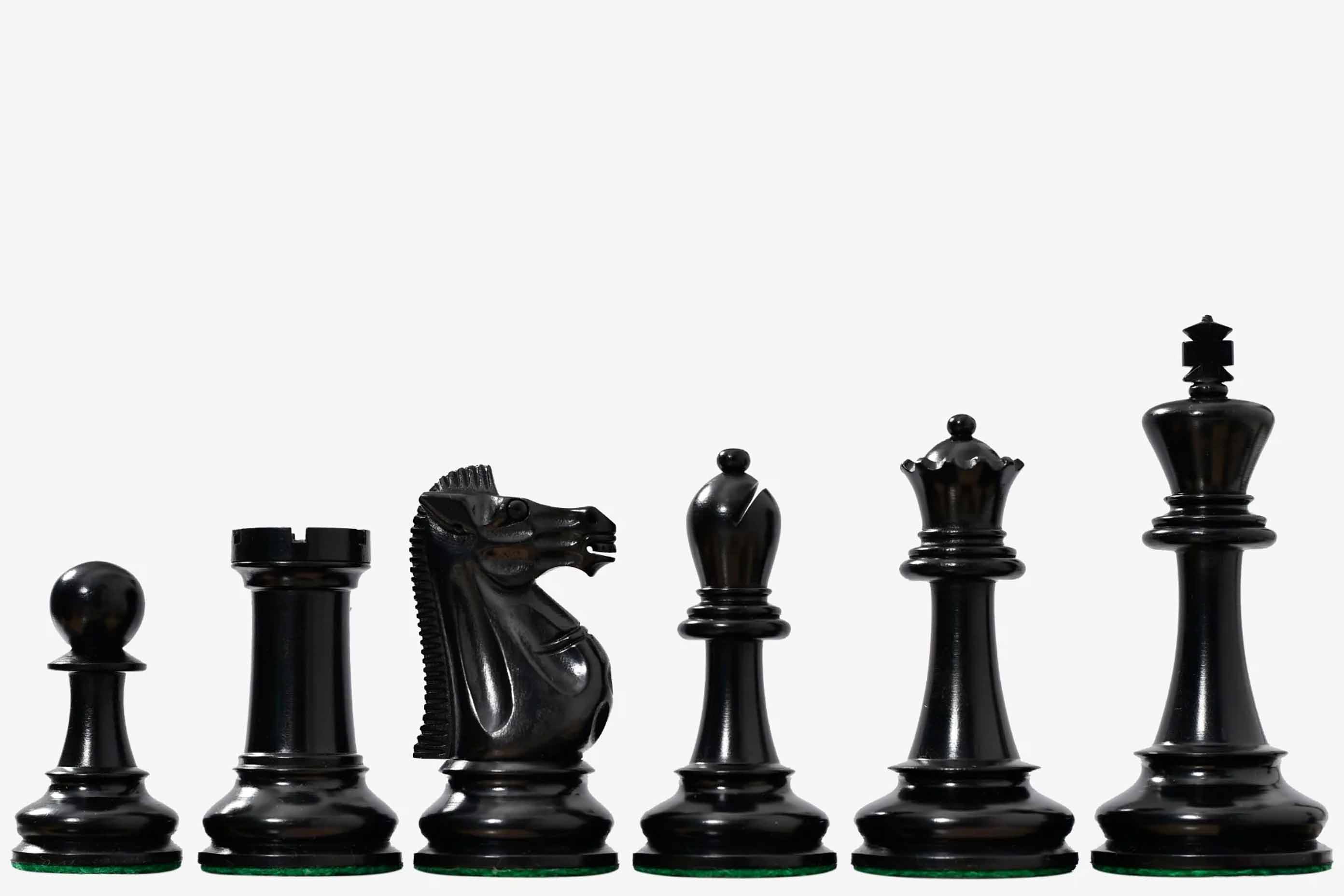 1966 17th Chess Olympiad Staunton chess pieces, ebonised and natural boxwood, hand carved in India