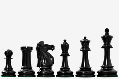 1966 17th Chess Olympiad Staunton chess pieces, ebonised and natural boxwood, hand carved in India