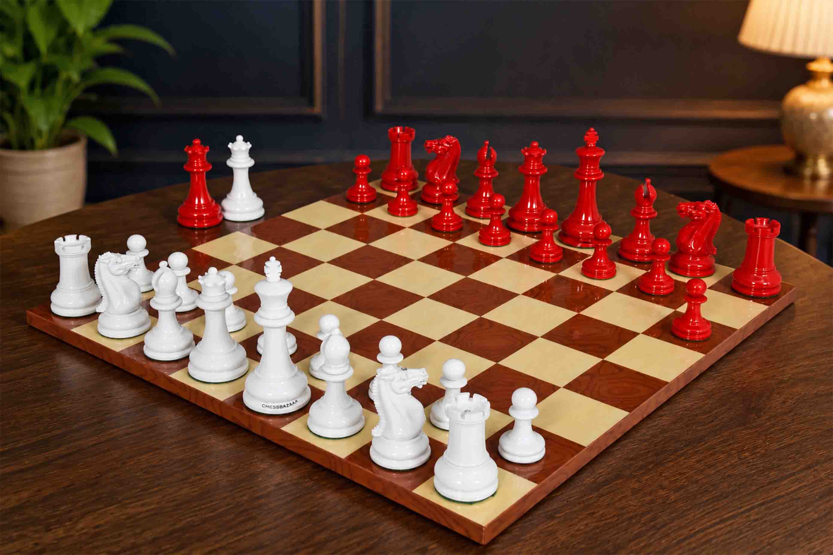 Reproduction 1849 Original Staunton chess set in painted crimson and ivory white boxwood