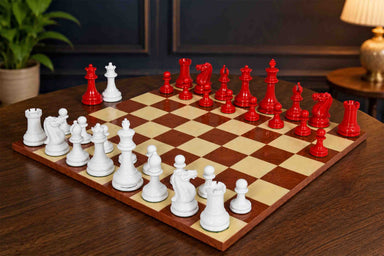 Reproduction 1849 Original Staunton chess set in painted crimson and ivory white boxwood