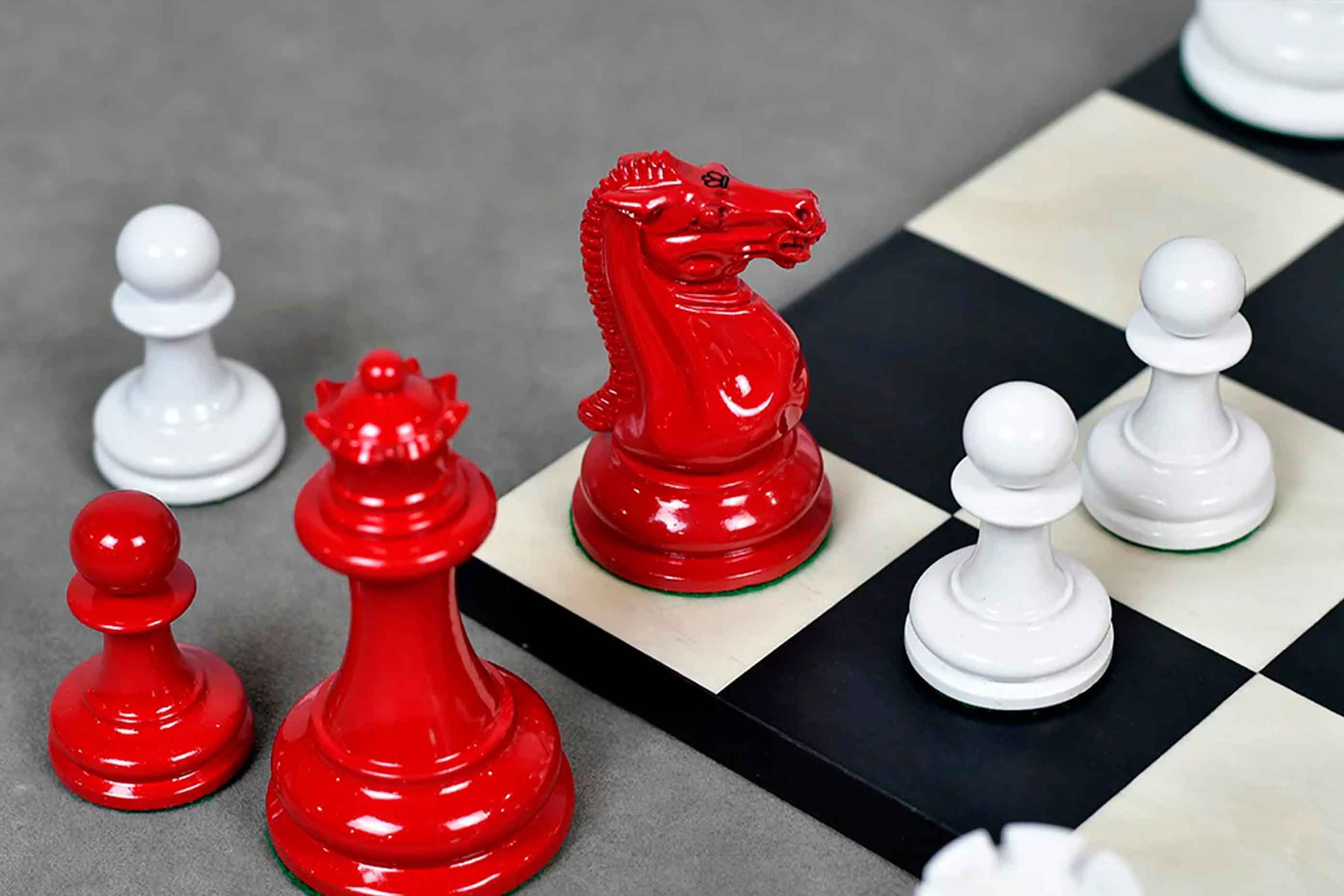 Painted crimson and ivory 1849 Original Staunton chess pieces, hand carved in India