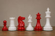 1849 Original Staunton chess pieces in painted crimson and ivory white boxwood, 115mm king
