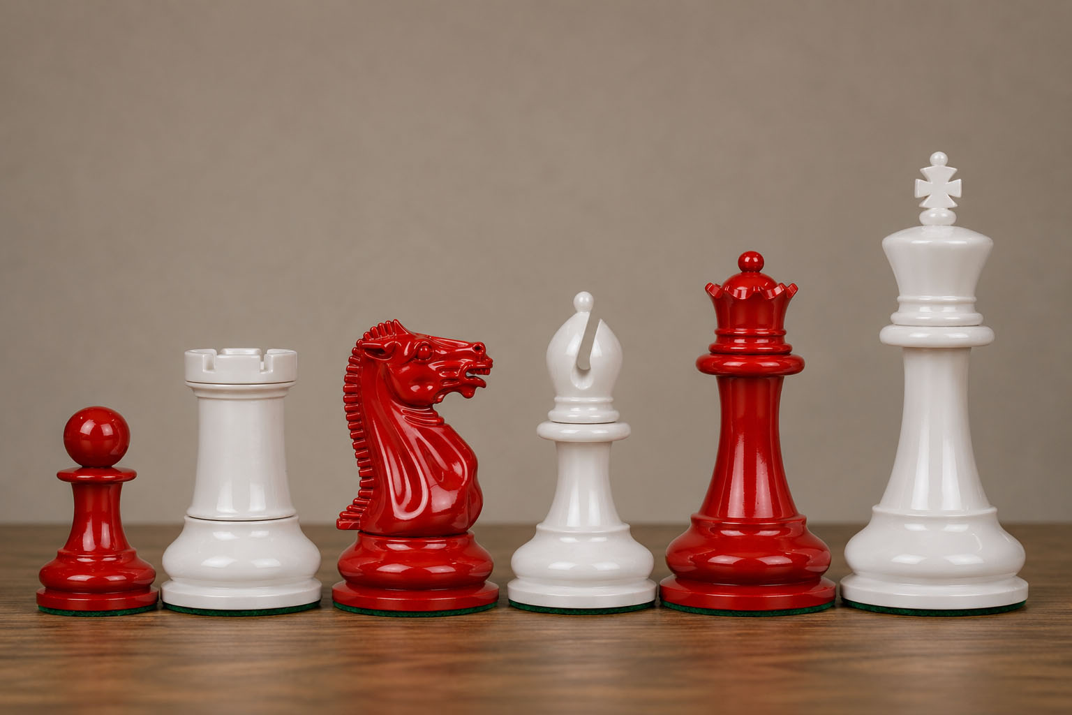 1849 Original Staunton chess pieces in painted crimson and ivory white boxwood, 115mm king