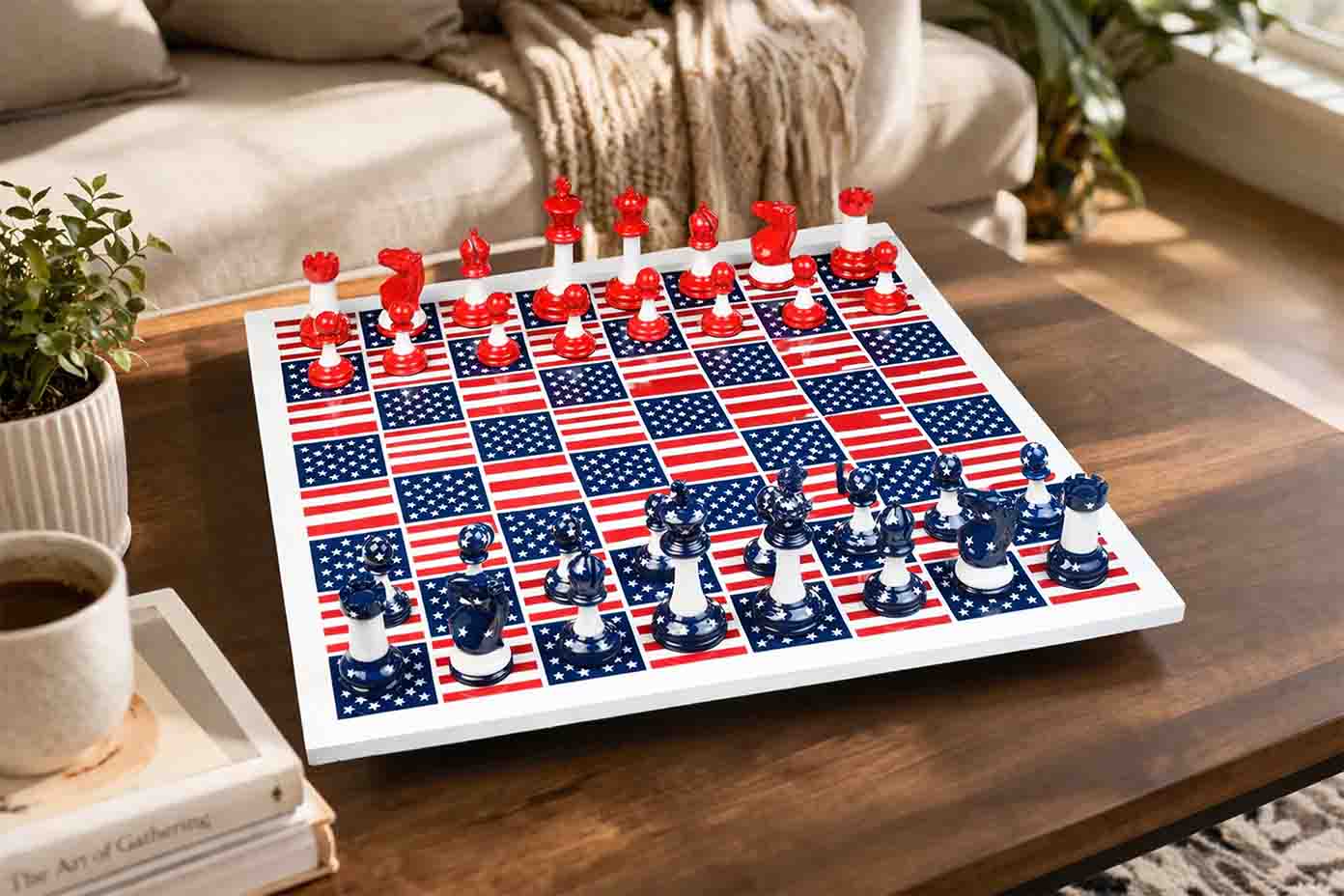 Captain America weighted chess set in red and blue solid plastic with board