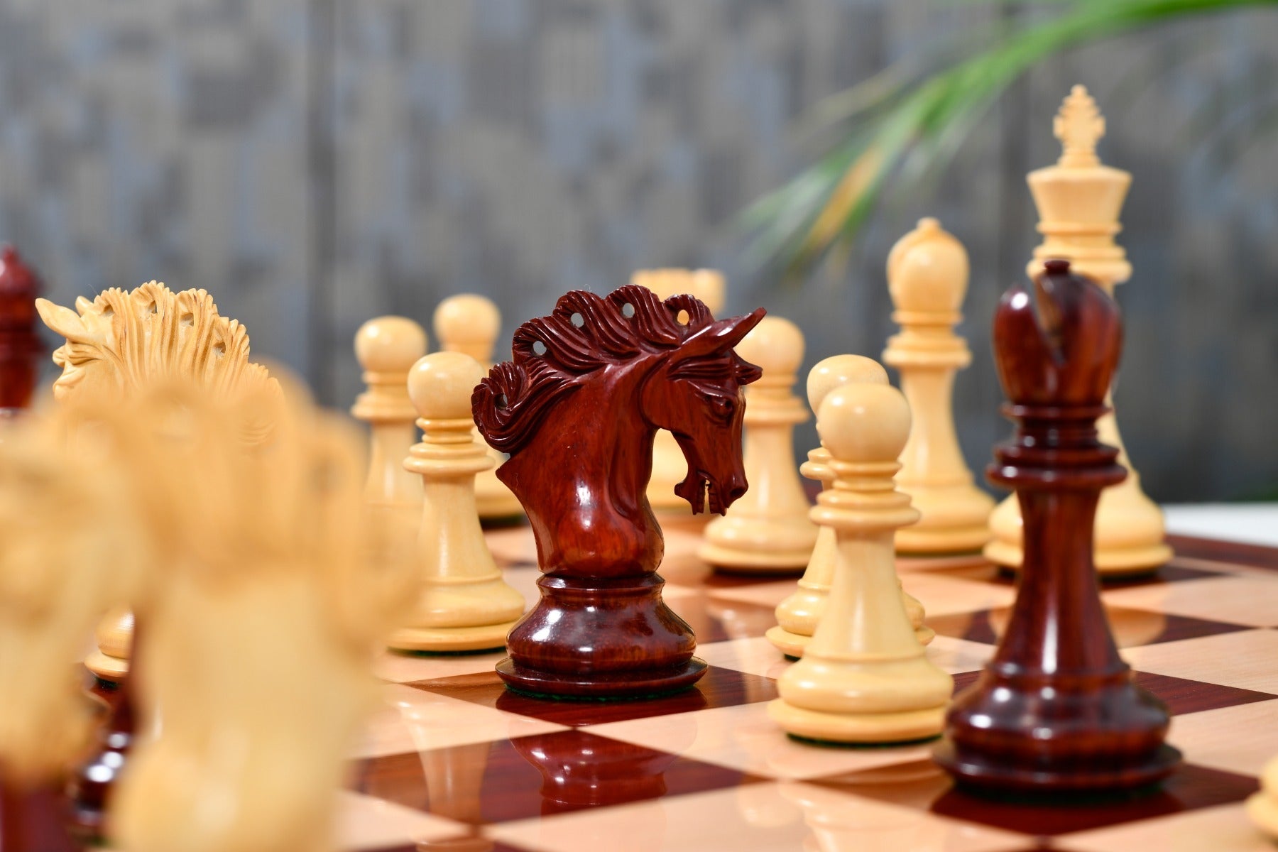 Knight carving detail on the Pegasus Series Artisan Staunton chess pieces in bud rosewood and boxwood