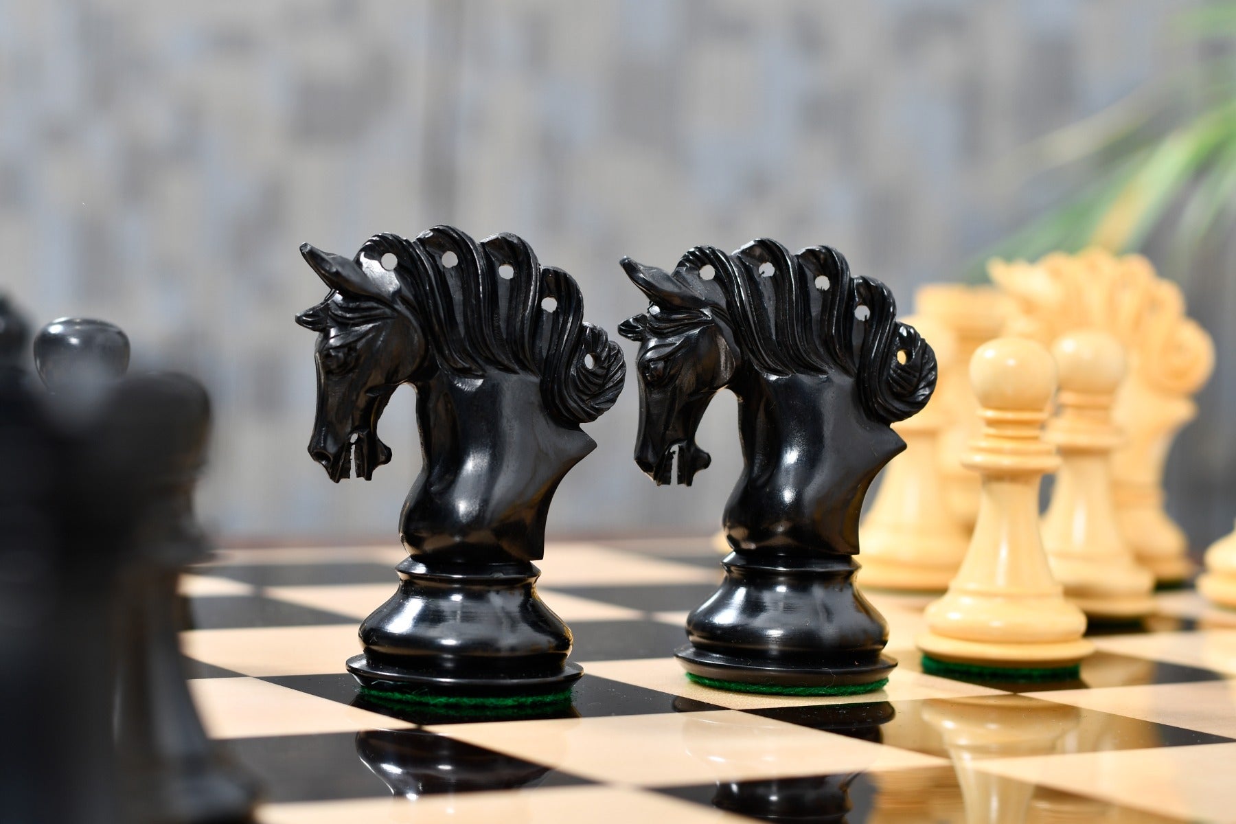 Knight carving detail on the Pegasus Series Artisan Staunton chess pieces in genuine ebony and boxwood