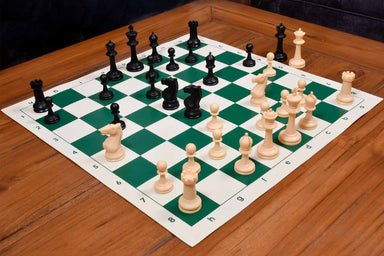 International Series tournament plastic chess pieces, black and natural white plastic, 97mm king