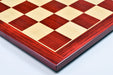 Rosewood grain chess board showing its 19mm thickness