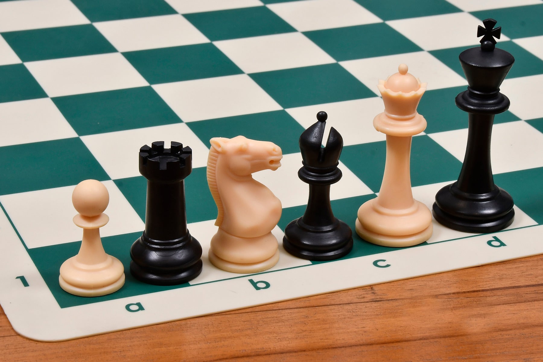 Sterling Chess International Series plastic chess pieces in black and natural white plastic, 97mm king