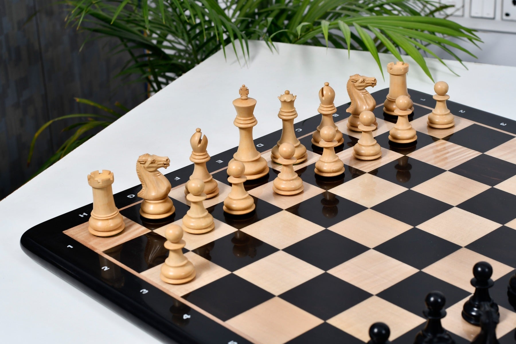 Knight carving detail on the Modern Staunton chess pieces in genuine ebony and boxwood