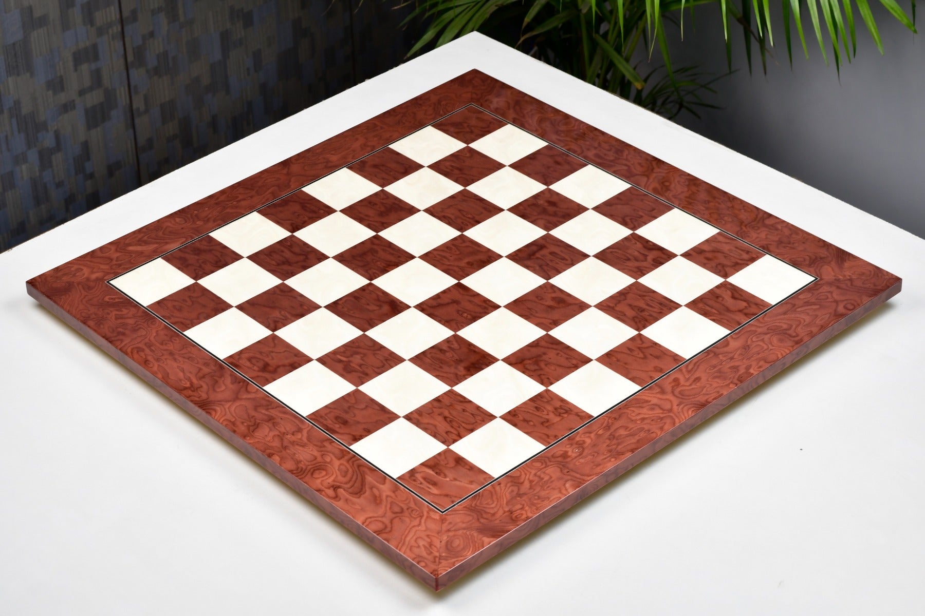 Red ash burl veneer chess board, close detail of the burl figure