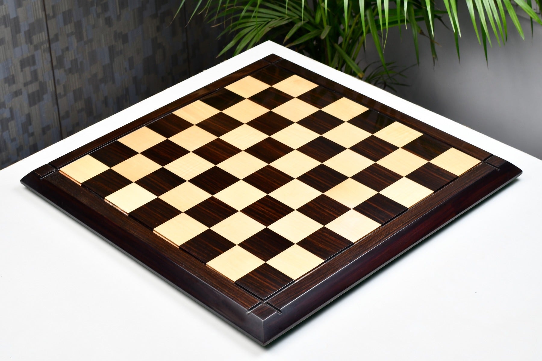 Hi-gloss Indian rosewood and maple chess board from above