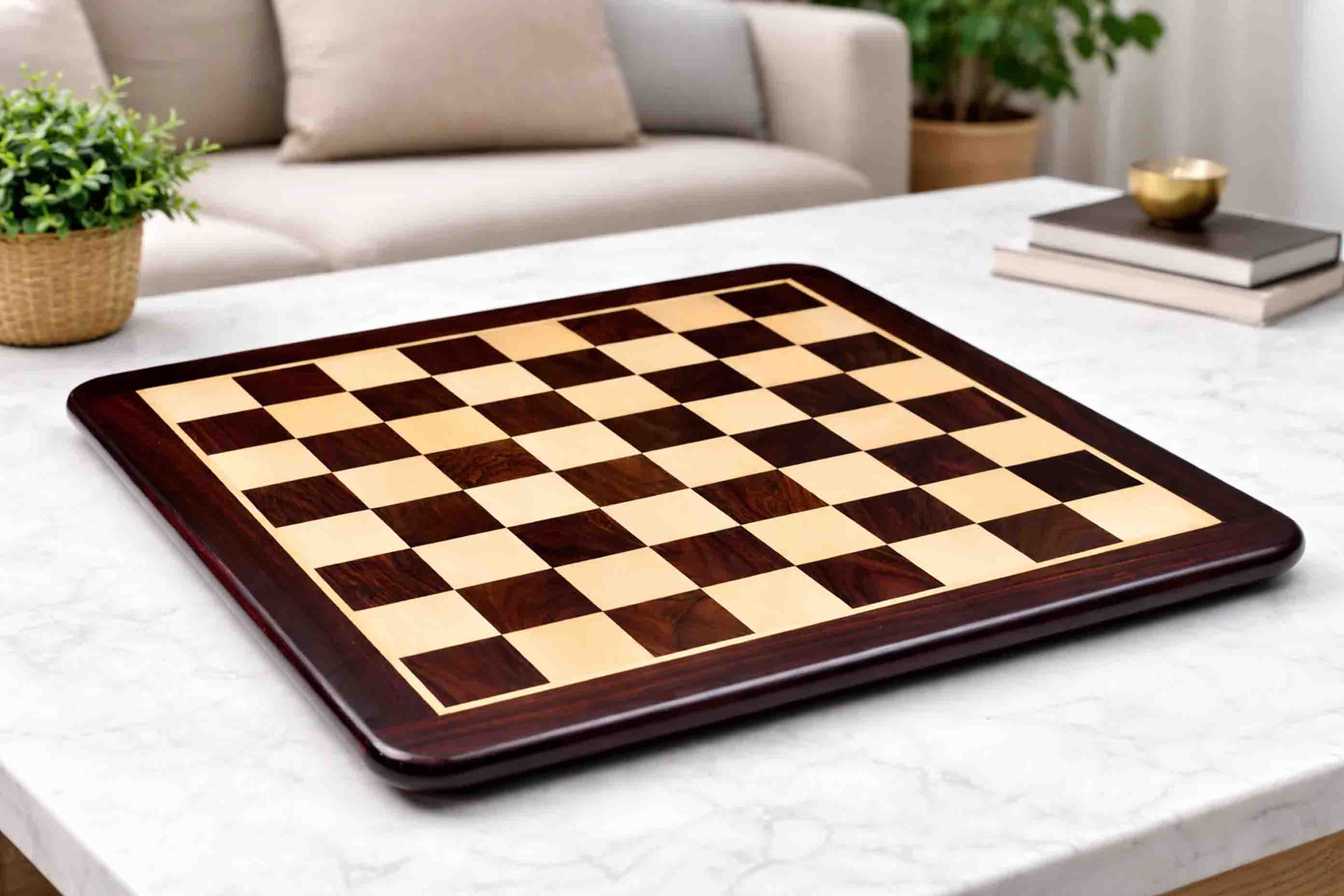 Dark brown Indian rosewood and maple chess board, 58cm with 60mm squares