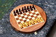 Travel folding magnetic round chess set in sheesham and maple, 8.75 inch diameter