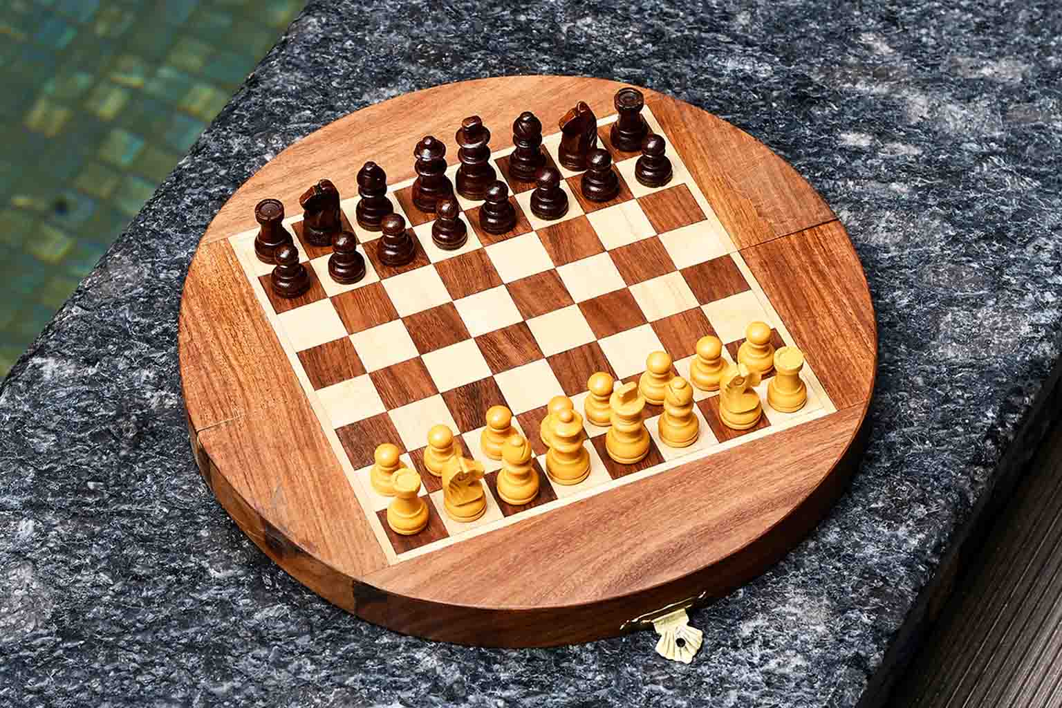 Travel folding magnetic round chess set in sheesham and maple, 8.75 inch diameter