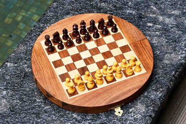 Travel folding magnetic round chess set in sheesham and maple, 8.75 inch diameter