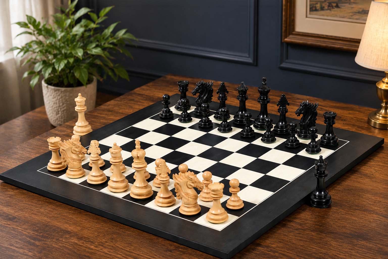 Dragon Knight Series chess set in ebony and boxwood with a 60cm black anigre and maple board