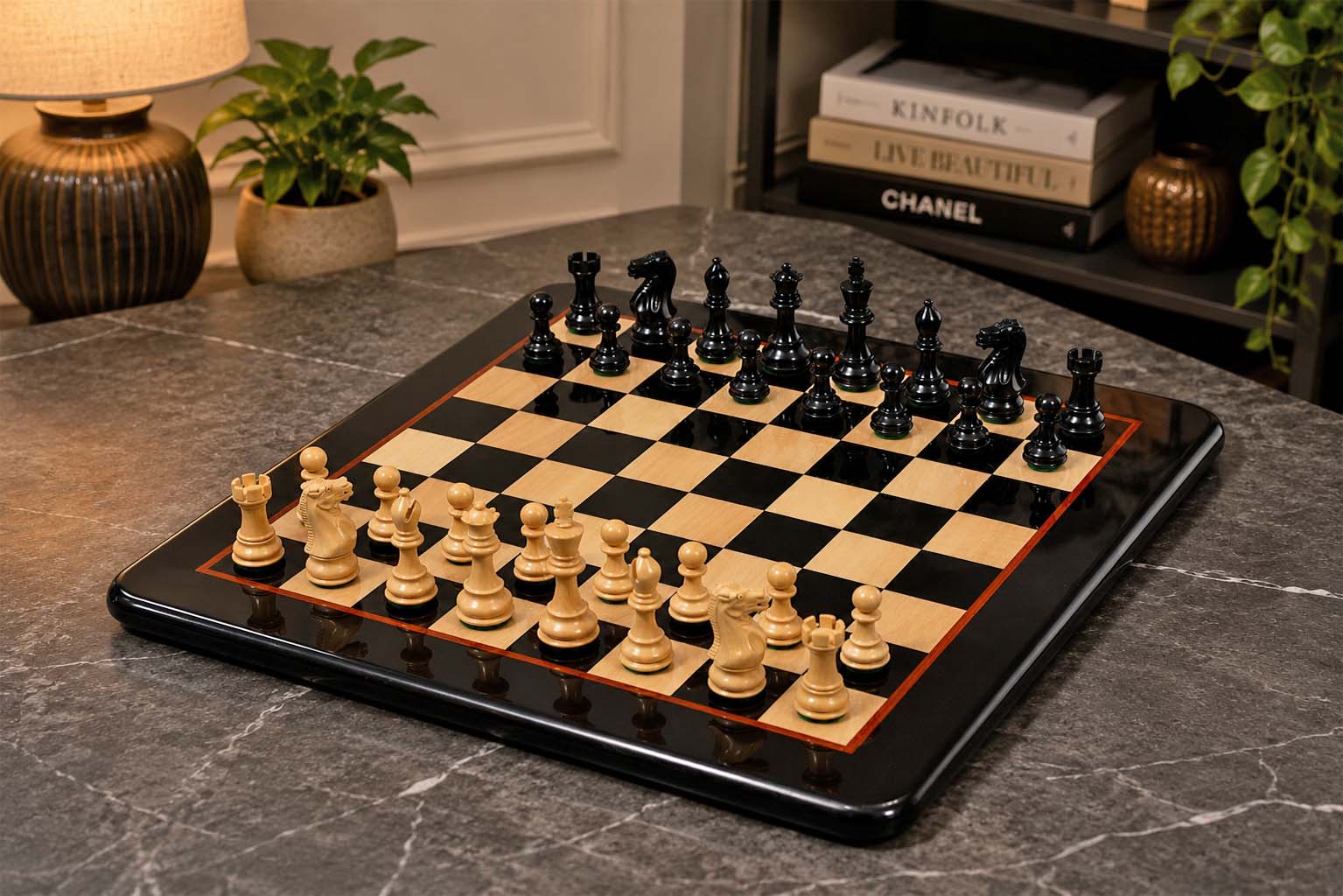 Sterling Chess Contemporary Staunton chess set in genuine ebony and boxwood, 76mm king